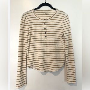 Madewell Vivian Striped Ribbed Rounded Henley Long Sleeve Thermal Tee Cream Tan